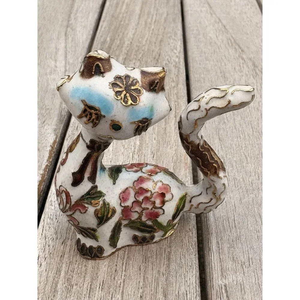 Cloisonne Brass Enamel Persian Cat Kitten Gold Trim Pink Blue Flowers 3” - Picture 5 of 6